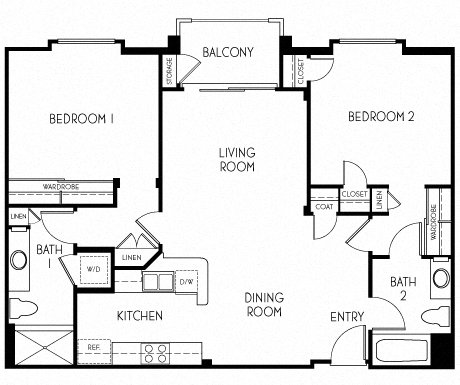 Floor plan for 2 beds, 2 baths, 1018 sqft